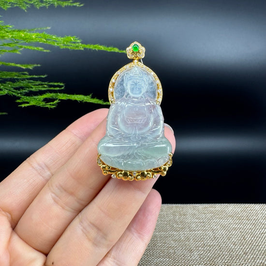 RealJade® 18K Yellow Gold Genuine Luxury Icy Jade Guanyin Pendant With Diamonds
