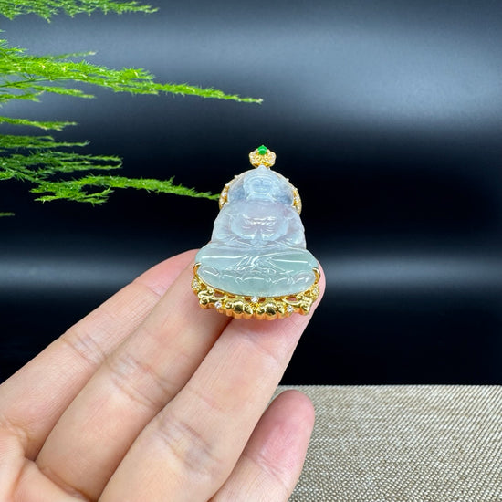 RealJade® 18K Yellow Gold Genuine Luxury Icy Jade Guanyin Pendant With Diamonds
