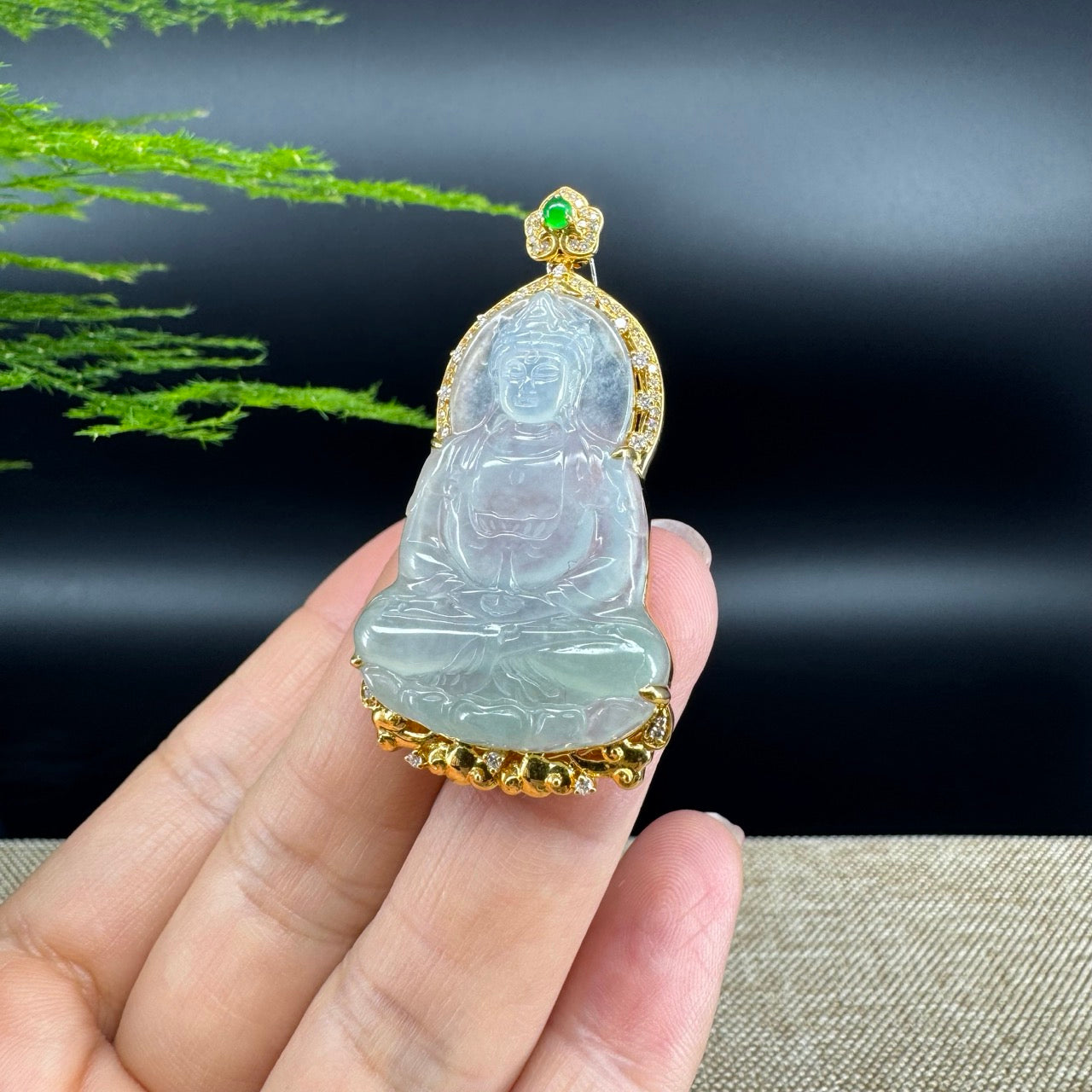 RealJade® 18K Yellow Gold Genuine Luxury Icy Jade Guanyin Pendant With Diamonds