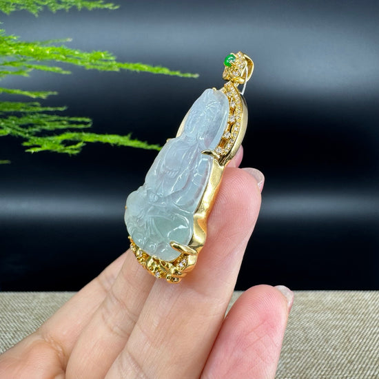 RealJade® 18K Yellow Gold Genuine Luxury Icy Jade Guanyin Pendant With Diamonds