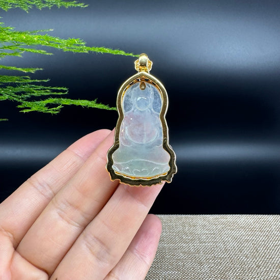 RealJade® 18K Yellow Gold Genuine Luxury Icy Jade Guanyin Pendant With Diamonds