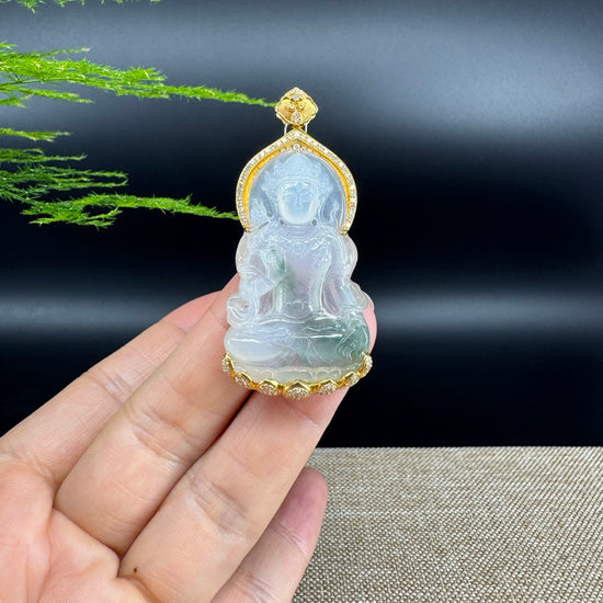 RealJade® 18K Yellow Gold Genuine Luxury Icy Green Jade Guanyin Pendant Necklace With Diamonds