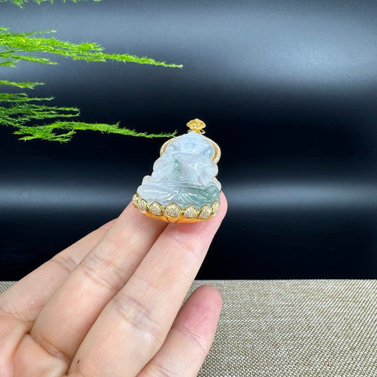 RealJade® 18K Yellow Gold Genuine Luxury Icy Green Jade Guanyin Pendant Necklace With Diamonds