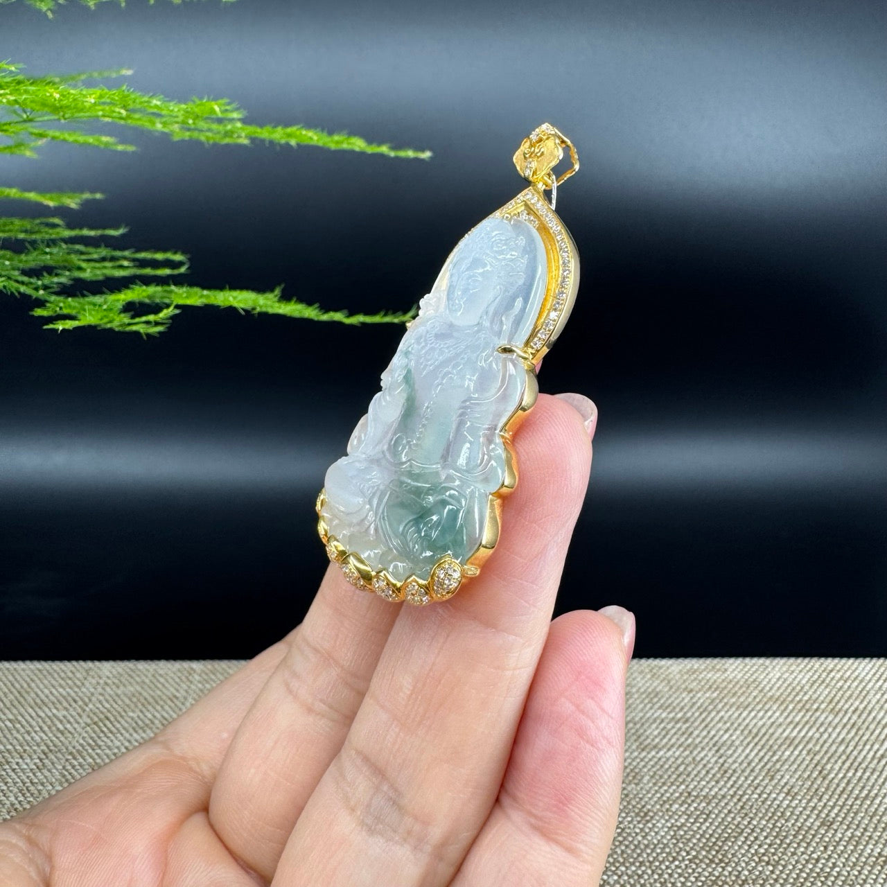 RealJade® 18K Yellow Gold Genuine Luxury Icy Green Jade Guanyin Pendant Necklace With Diamonds
