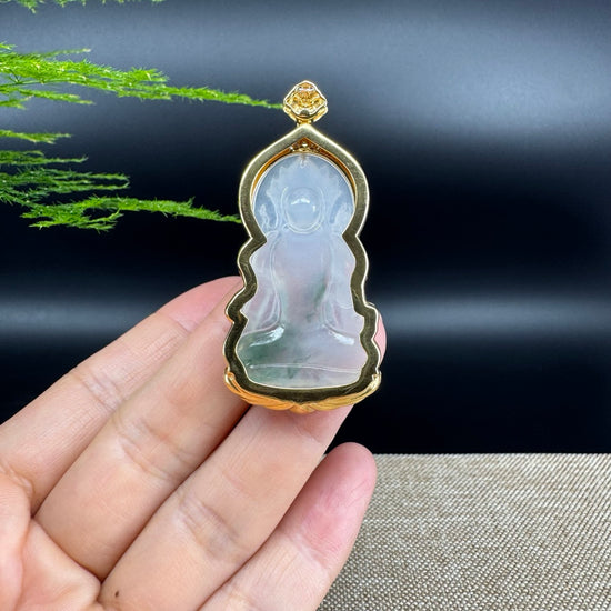 RealJade® 18K Yellow Gold Genuine Luxury Icy Green Jade Guanyin Pendant Necklace With Diamonds