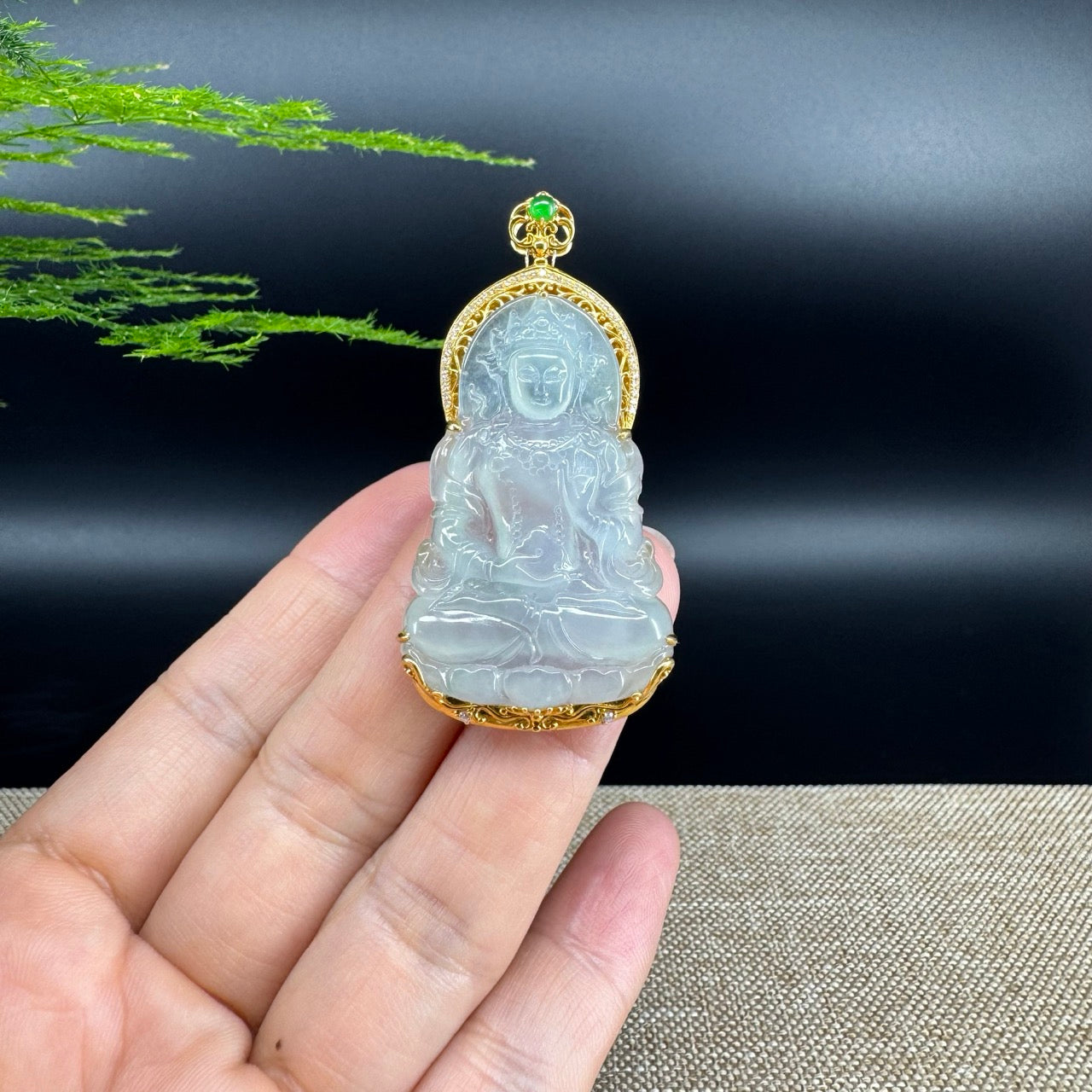 RealJade® 18K Yellow Gold Genuine Luxury Icy Jadeite Jade Guanyin Pendant Necklace With Diamonds