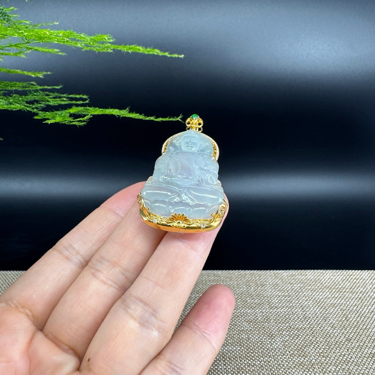 RealJade® 18K Yellow Gold Genuine Luxury Icy Jadeite Jade Guanyin Pendant Necklace With Diamonds