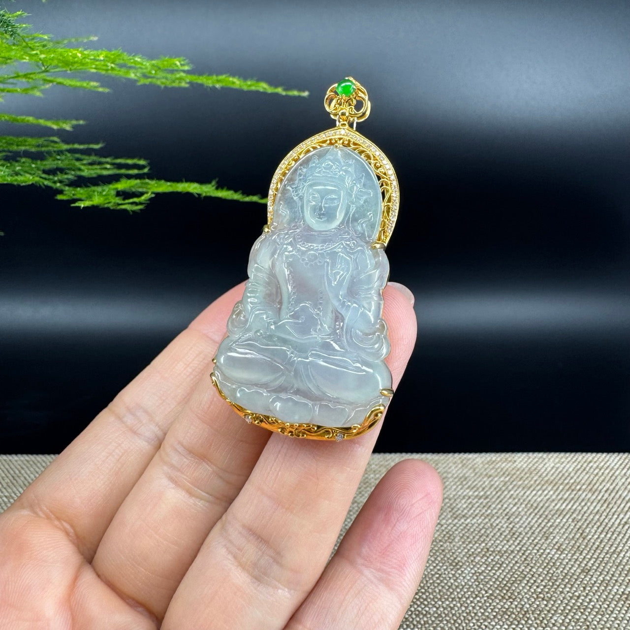 RealJade® 18K Yellow Gold Genuine Luxury Icy Jadeite Jade Guanyin Pendant Necklace With Diamonds