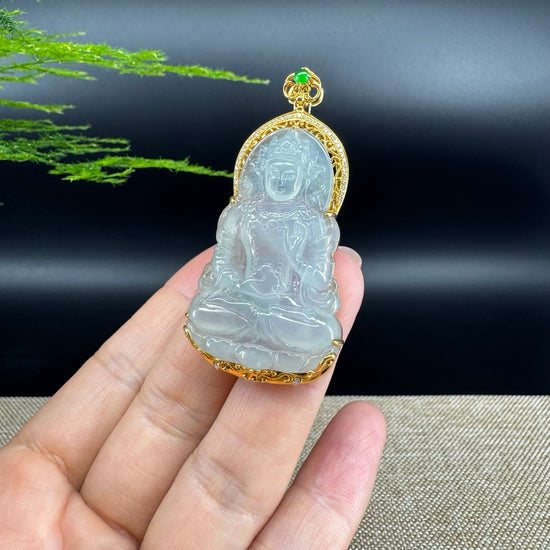 RealJade® 18K Yellow Gold Genuine Luxury Icy Jadeite Jade Guanyin Pendant Necklace With Diamonds