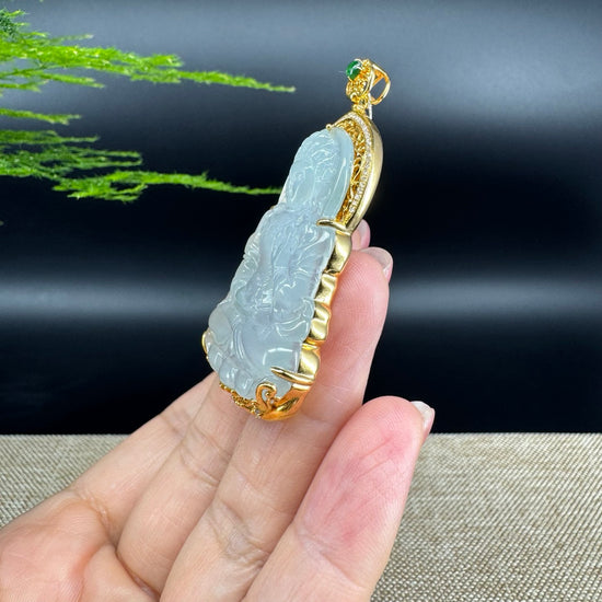 RealJade® 18K Yellow Gold Genuine Luxury Icy Jadeite Jade Guanyin Pendant Necklace With Diamonds