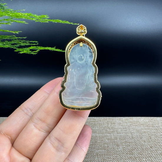 RealJade® 18K Yellow Gold Genuine Luxury Icy Jadeite Jade Guanyin Pendant Necklace With Diamonds