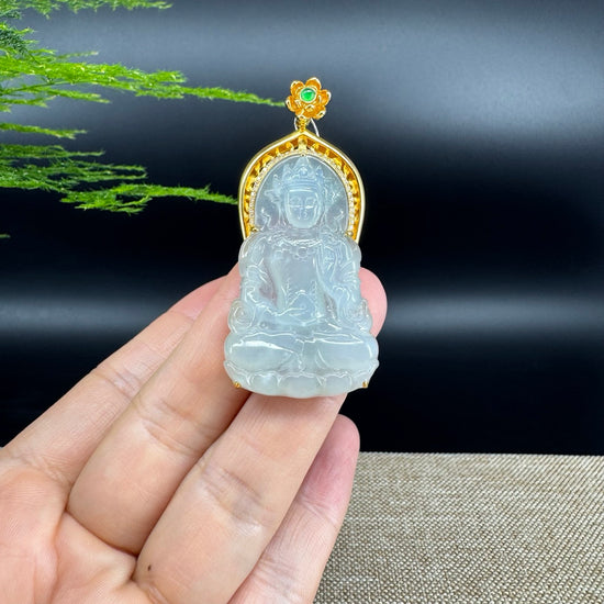 RealJade® 18K Yellow Gold Genuine Luxury Icy Jade Guanyin Pendant Necklace With Diamonds