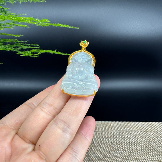 RealJade® 18K Yellow Gold Genuine Luxury Icy Jade Guanyin Pendant Necklace With Diamonds