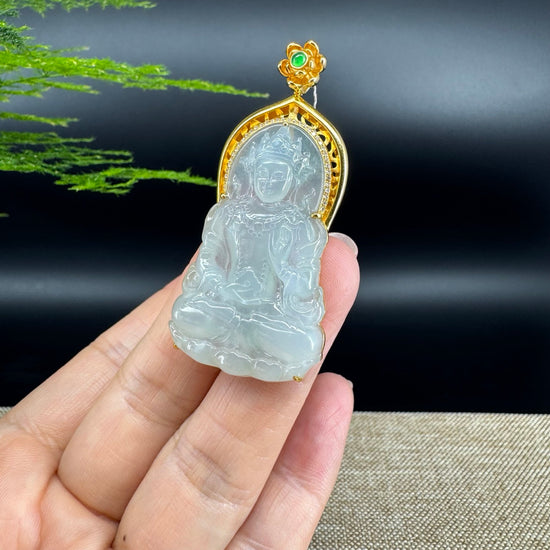 RealJade® 18K Yellow Gold Genuine Luxury Icy Jade Guanyin Pendant Necklace With Diamonds