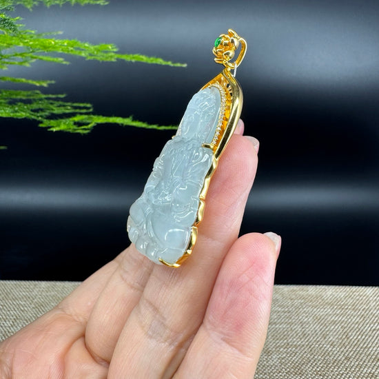 RealJade® 18K Yellow Gold Genuine Luxury Icy Jade Guanyin Pendant Necklace With Diamonds