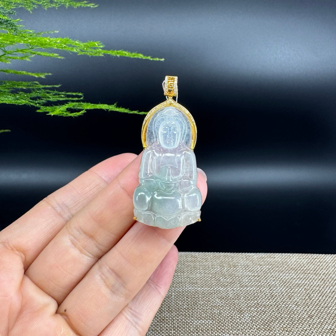 RealJade® 18K Yellow Gold Genuine Icy Green Jade Guanyin Pendant Necklace with Diamonds