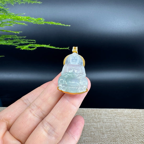 RealJade® 18K Yellow Gold Genuine Icy Green Jade Guanyin Pendant Necklace with Diamonds