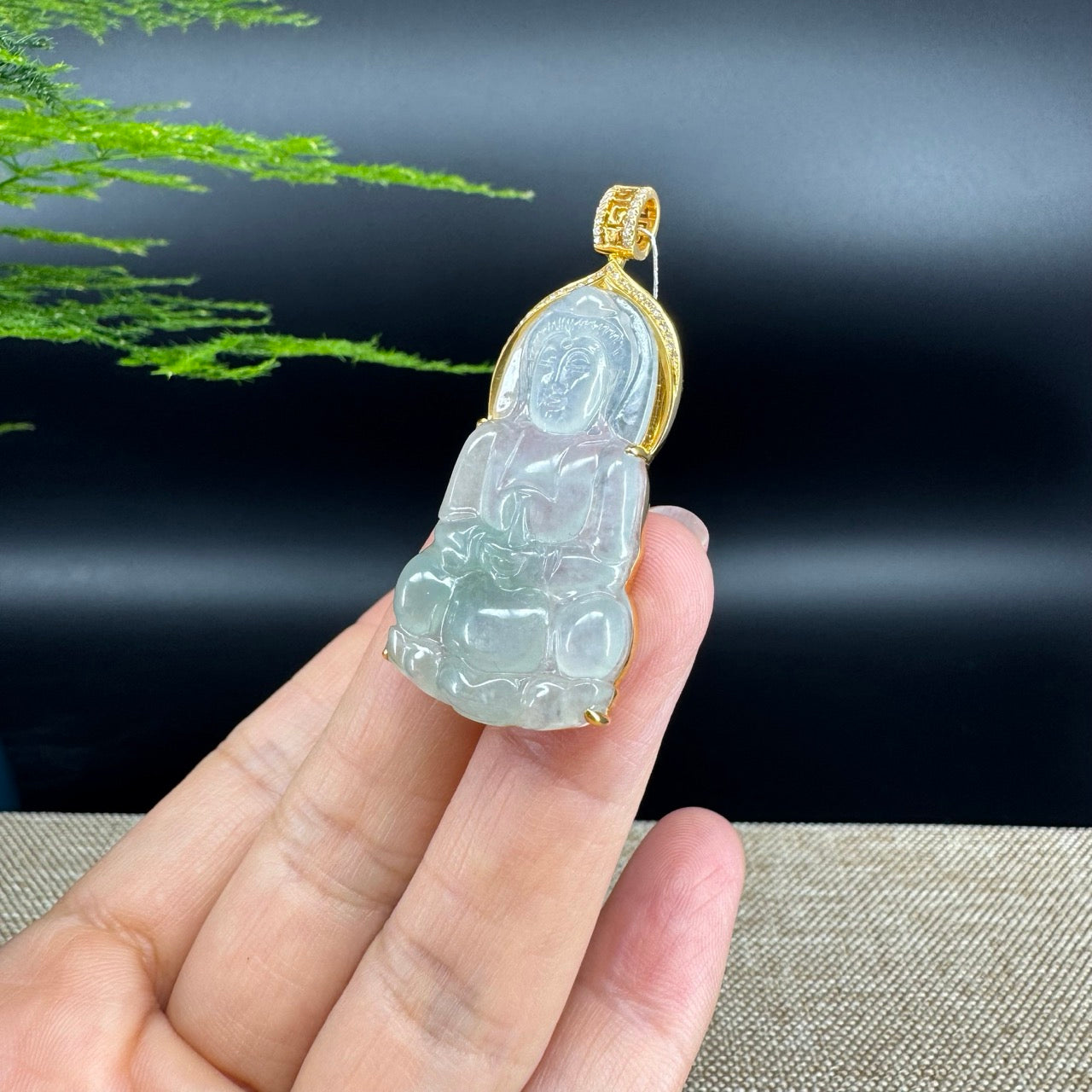 RealJade® 18K Yellow Gold Genuine Icy Green Jade Guanyin Pendant Necklace with Diamonds
