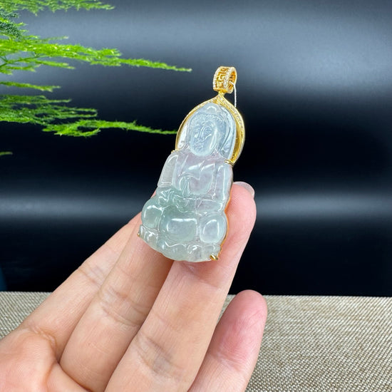 RealJade® 18K Yellow Gold Genuine Icy Green Jade Guanyin Pendant Necklace with Diamonds
