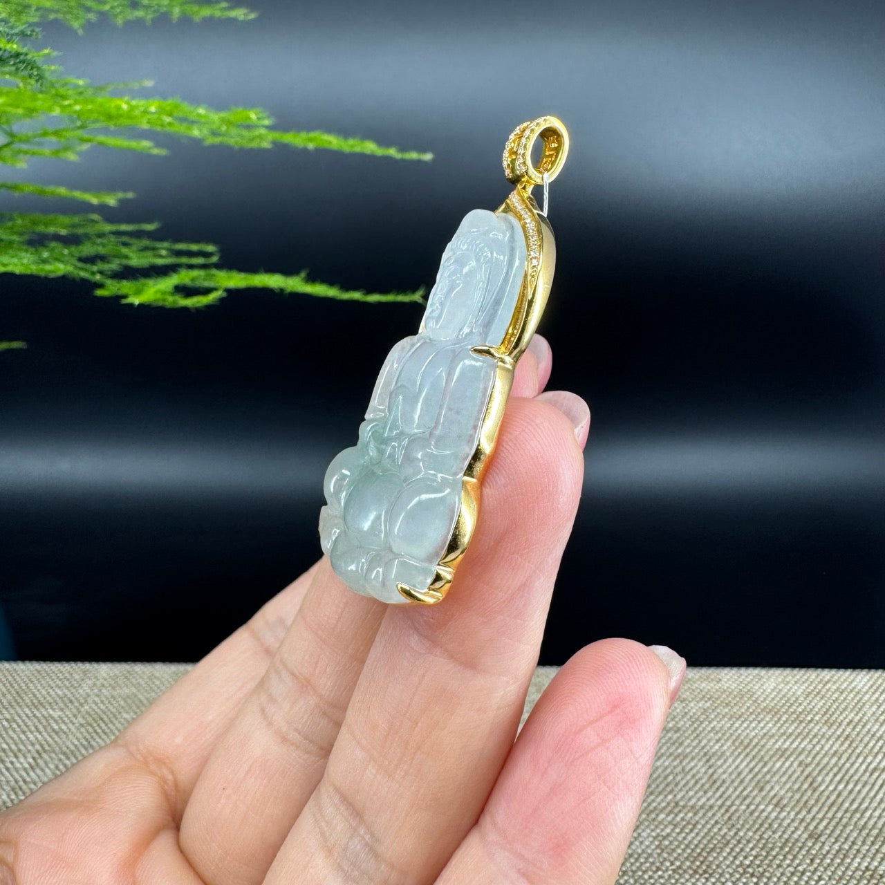 RealJade® 18K Yellow Gold Genuine Icy Green Jade Guanyin Pendant Necklace with Diamonds