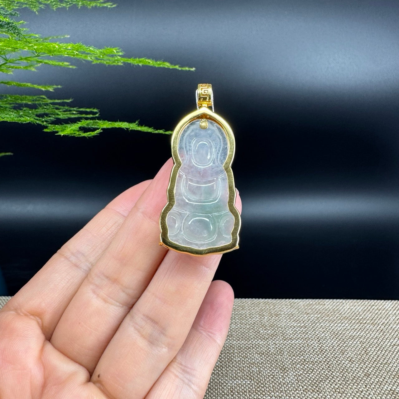 RealJade® 18K Yellow Gold Genuine Icy Green Jade Guanyin Pendant Necklace with Diamonds