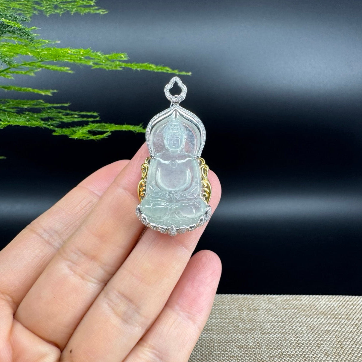 High-end 18K White&Yellow Gold Burmese Icy Jadeite Jade Guanyin Pendant with Diamond