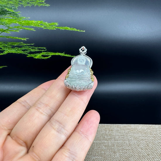 High-end 18K White&Yellow Gold Burmese Icy Jadeite Jade Guanyin Pendant with Diamond