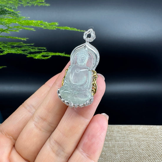 High-end 18K White&Yellow Gold Burmese Icy Jadeite Jade Guanyin Pendant with Diamond