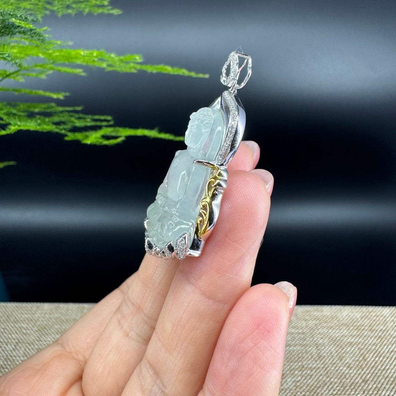High-end 18K White&Yellow Gold Burmese Icy Jadeite Jade Guanyin Pendant with Diamond