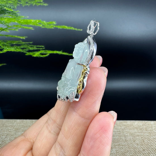 High-end 18K White&Yellow Gold Burmese Icy Jadeite Jade Guanyin Pendant with Diamond