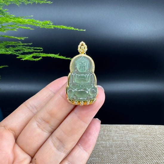 High-end 18K Yellow Gold Burmese Green Jadeite Jade Guanyin Pendant with Diamond