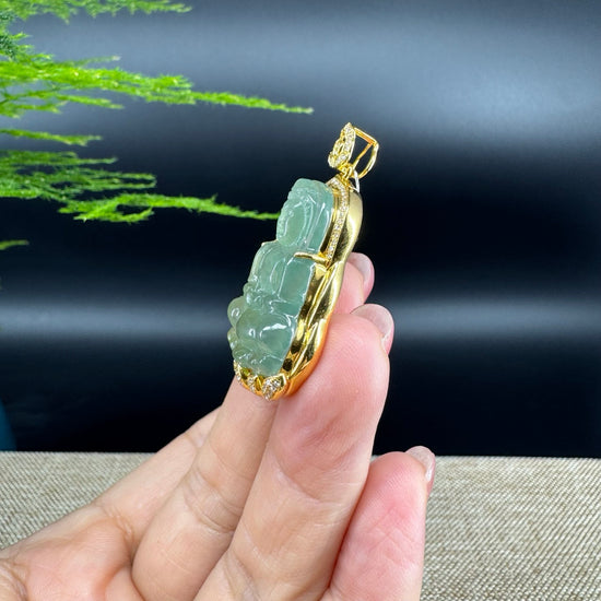 High-end 18K Yellow Gold Burmese Green Jadeite Jade Guanyin Pendant with Diamond