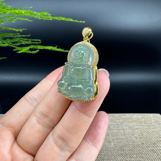 High-end 18K Yellow Gold Burmese Green Jadeite Jade Guanyin Pendant with Diamond
