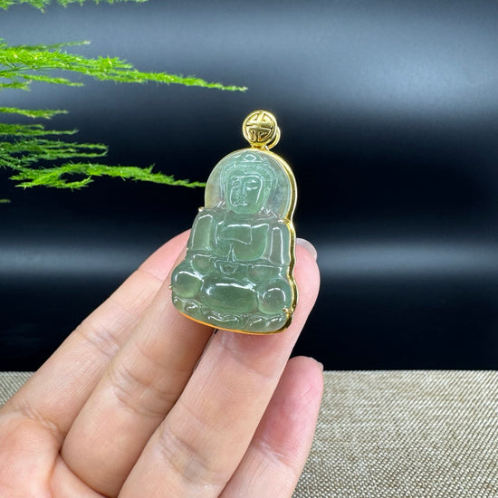"Goddess of Compassion" 18k Yellow Gold Genuine Burmese Jadeite Jade Guanyin Necklace With Good Luck Design