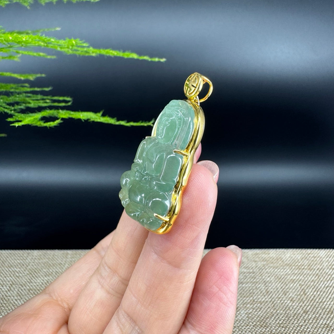 "Goddess of Compassion" 18k Yellow Gold Genuine Burmese Jadeite Jade Guanyin Necklace With Good Luck Design