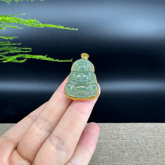 "Goddess of Compassion" 18k Yellow Gold Genuine Burmese Jadeite Jade Guanyin Necklace With Good Luck Design