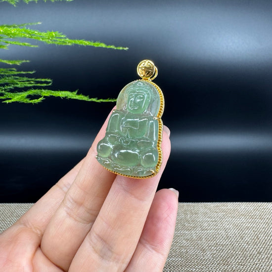 "Goddess of Compassion" 18k Yellow Gold Genuine Burmese Jadeite Jade Guanyin Necklace With Good Luck Design