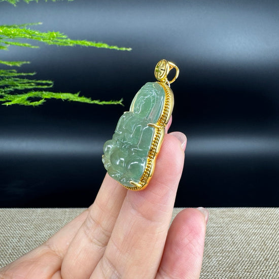 "Goddess of Compassion" 18k Yellow Gold Genuine Burmese Jadeite Jade Guanyin Necklace With Good Luck Design