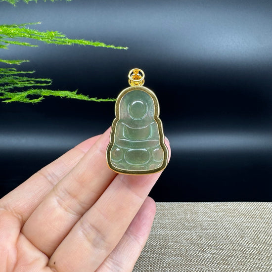 "Goddess of Compassion" 18k Yellow Gold Genuine Burmese Jadeite Jade Guanyin Necklace With Good Luck Design