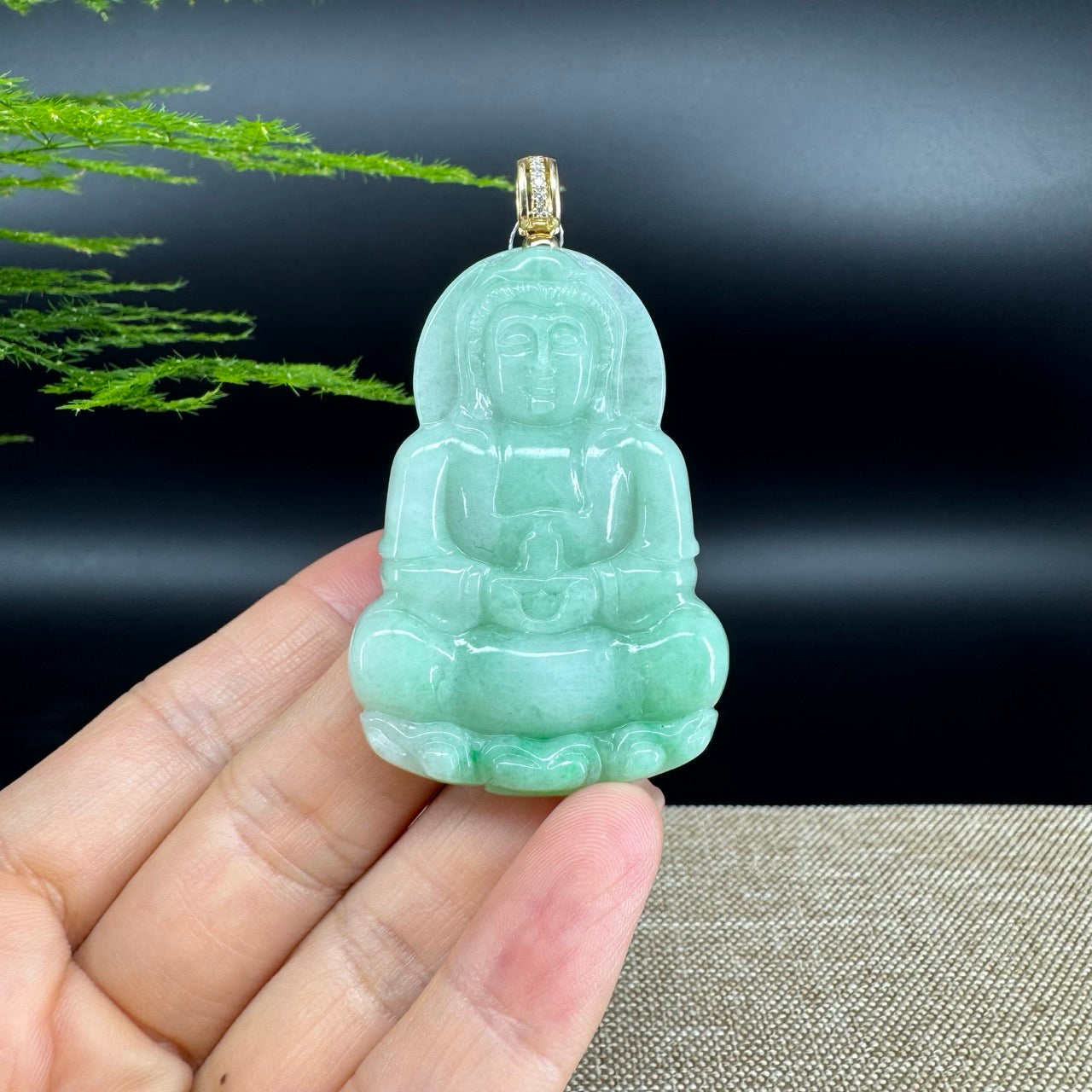 14K Yellow Gold  Burnese Green Jadeite Jade Guanyin Pendant with Diamond