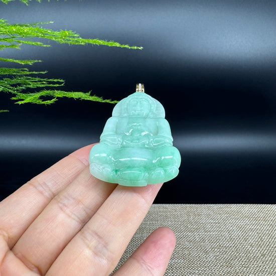 14K Yellow Gold  Burnese Green Jadeite Jade Guanyin Pendant with Diamond