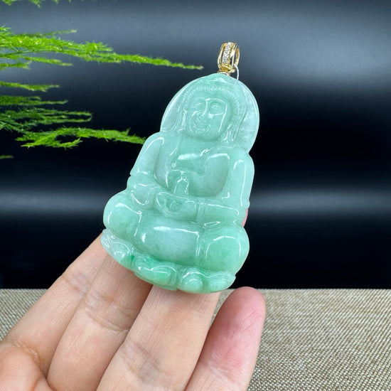 14K Yellow Gold  Burnese Green Jadeite Jade Guanyin Pendant with Diamond