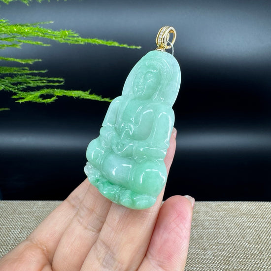 14K Yellow Gold  Burnese Green Jadeite Jade Guanyin Pendant with Diamond