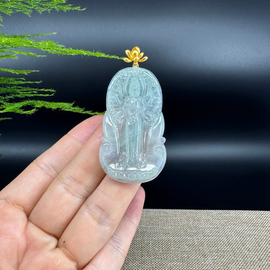 RealJadeCo. 18K Yellow Gold & Genuine Ice Jadeite Thousand-Hand Guanyin Pendant Necklace