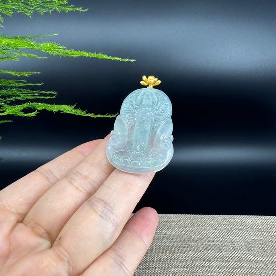 RealJadeCo. 18K Yellow Gold & Genuine Ice Jadeite Thousand-Hand Guanyin Pendant Necklace