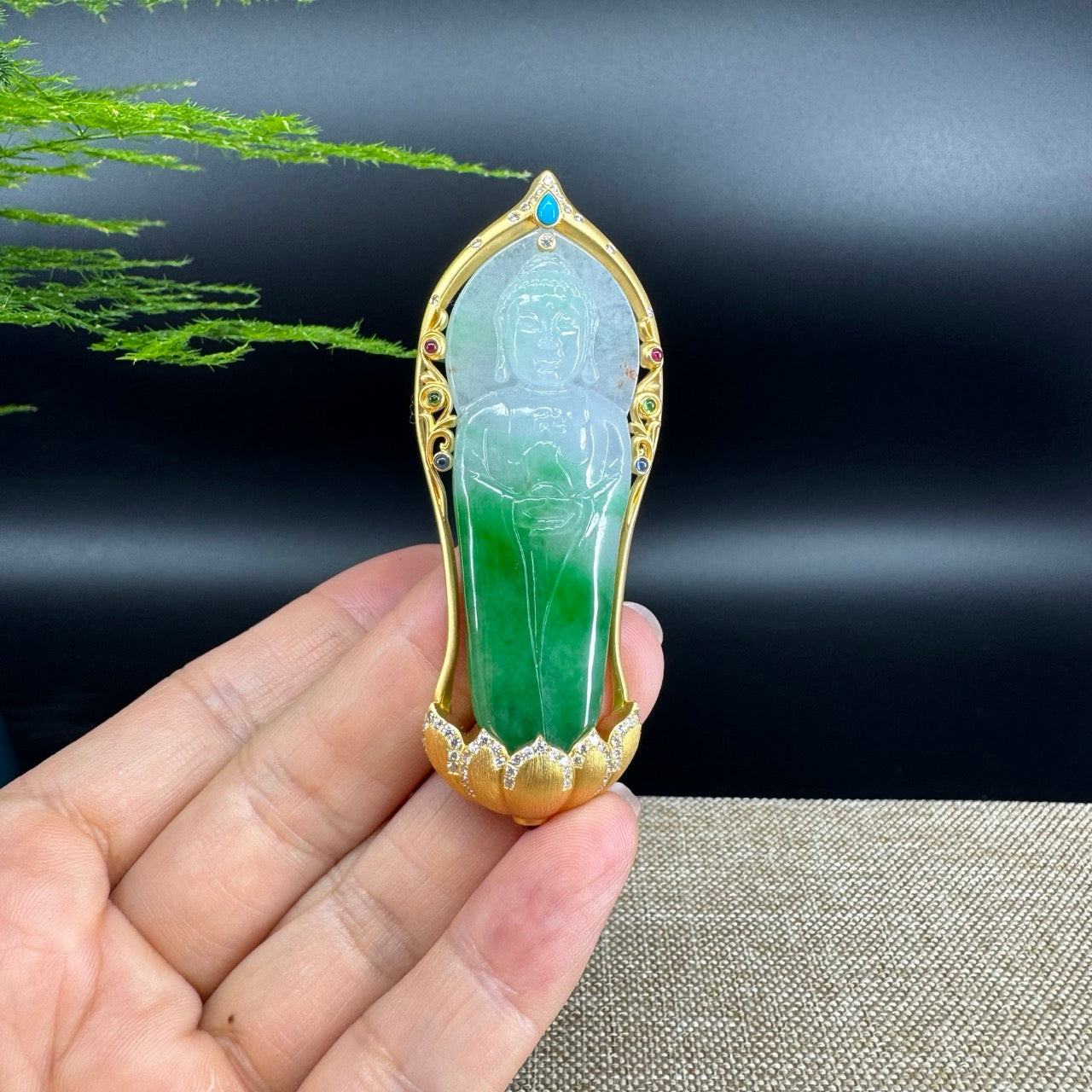 High-end 18K Yellow Gold Burmese White Green Jadeite Jade Guanyin Pendant with Diamond