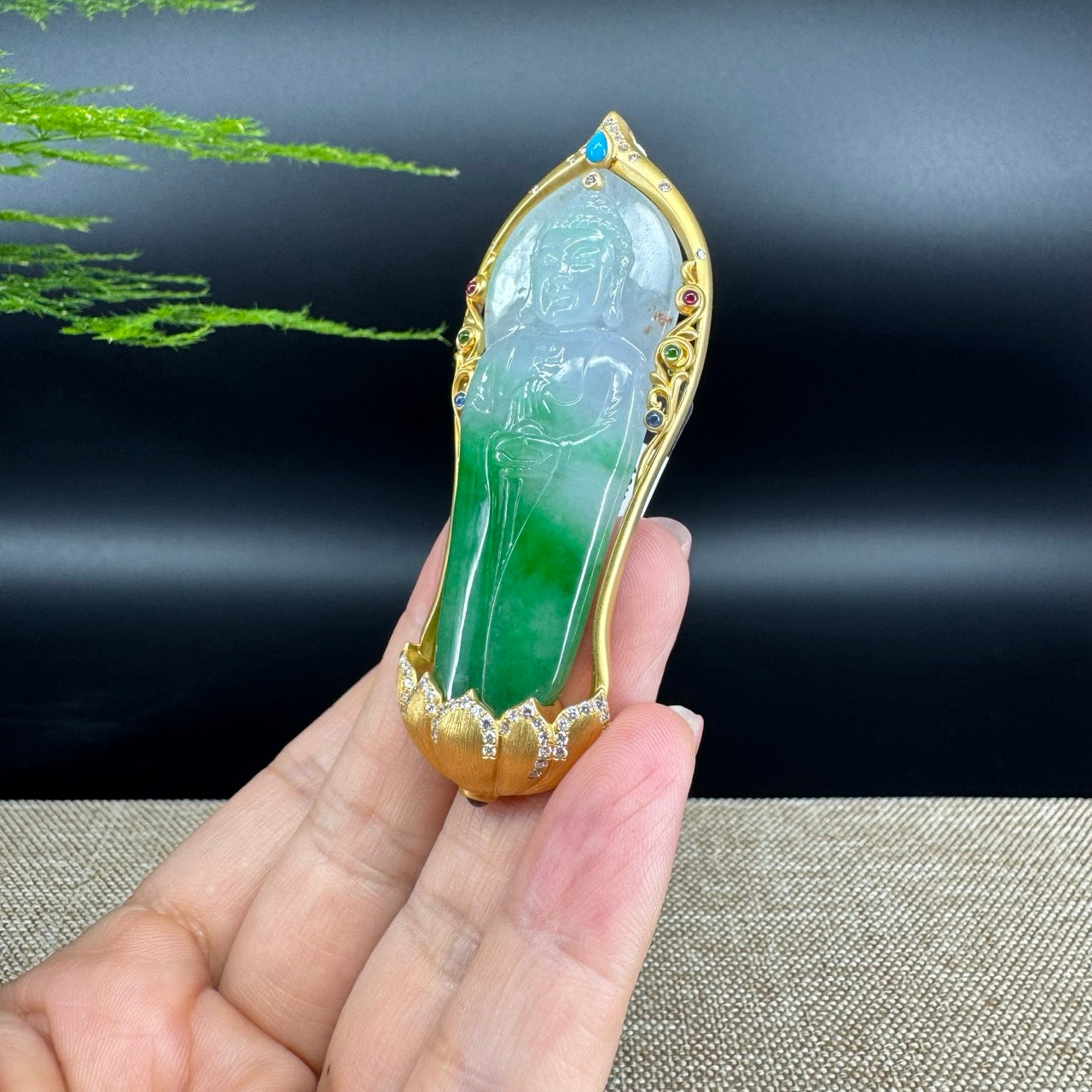High-end 18K Yellow Gold Burmese White Green Jadeite Jade Guanyin Pendant with Diamond