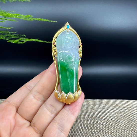 High-end 18K Yellow Gold Burmese White Green Jadeite Jade Guanyin Pendant with Diamond