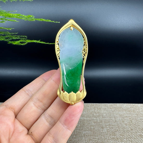 High-end 18K Yellow Gold Burmese White Green Jadeite Jade Guanyin Pendant with Diamond