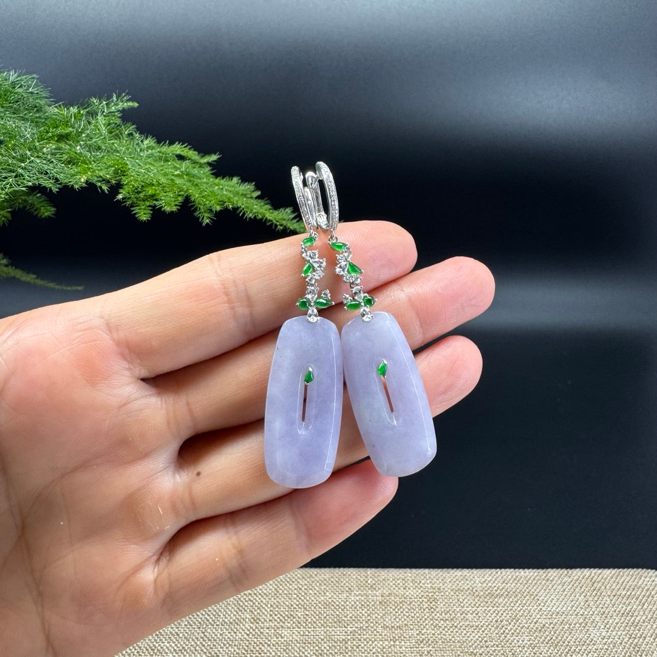 18k White Gold Genuine Lavender Jadeite Jade Earrings With Diamonds